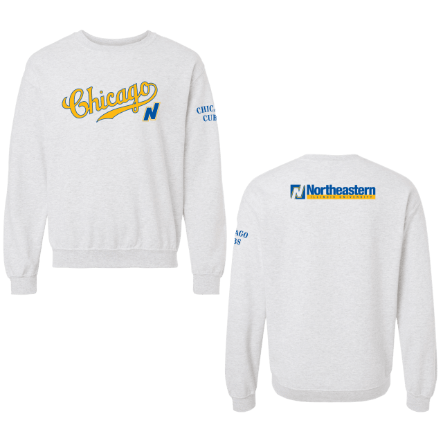 An off-white, long-sleeved crewneck with the word "Chicago" on the front in yellow, with the flying N logo of Northeastern underneath it. Chicago Cubs is on the right sleeve and the full Northeastern logo is on the back.