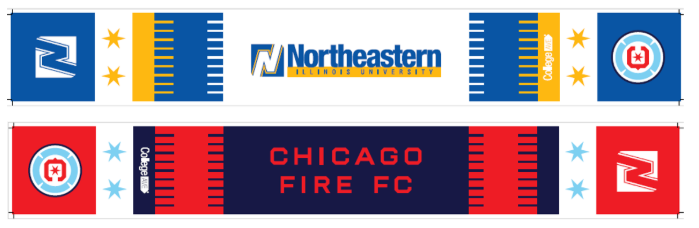 NEIU x Chicago Fire cobranded scarf. NEIU in blue and gold on one side and Chicago Fire FC with red and blue on the other.