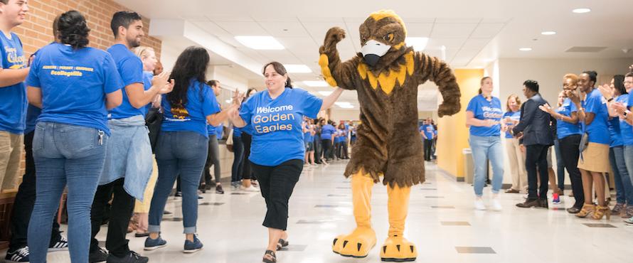A photo of NEIU's Goldie mascot walking down a hallway with people cheering on both sideson 