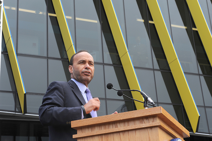 Northeastern alumnus and U.S. Rep. Luis Gutierrez makes remarks during the grand opening of El Centro on Sept. 30, 2014.