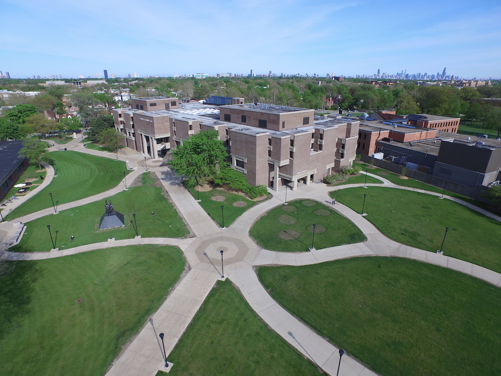 elevated view of Bernard Brommel Hall and Chicago skyline on southeast horizon