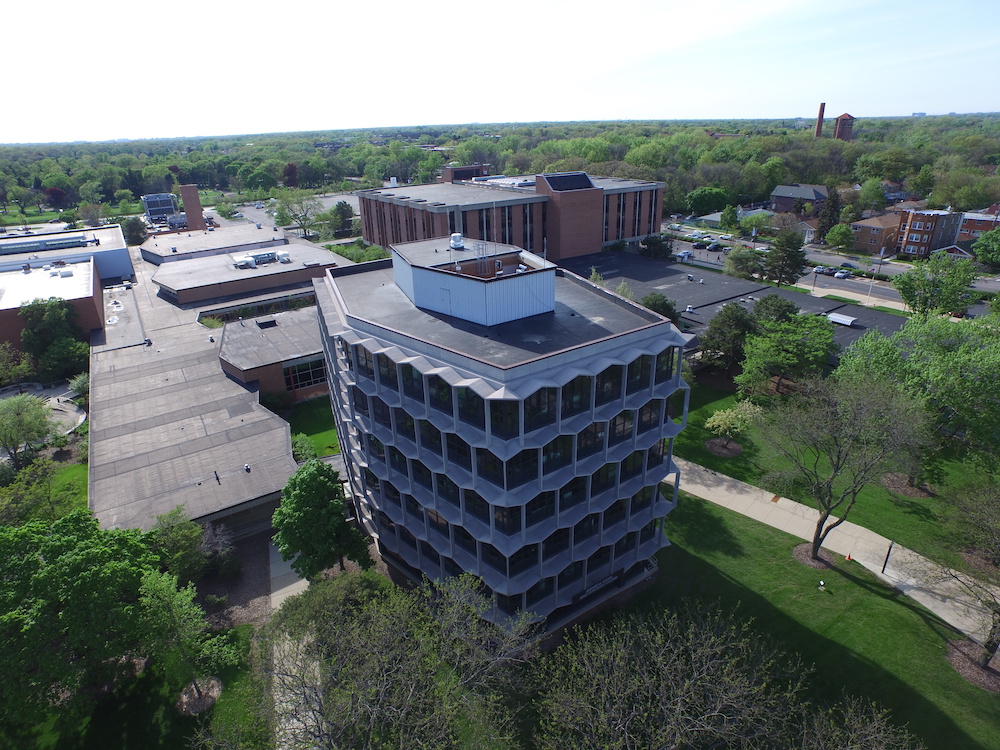 An aerial view of the Sachs Administrative Building.