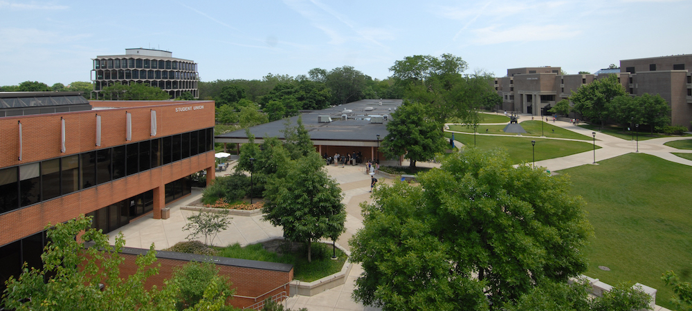 Elevated view of Student Union Building and University Commons