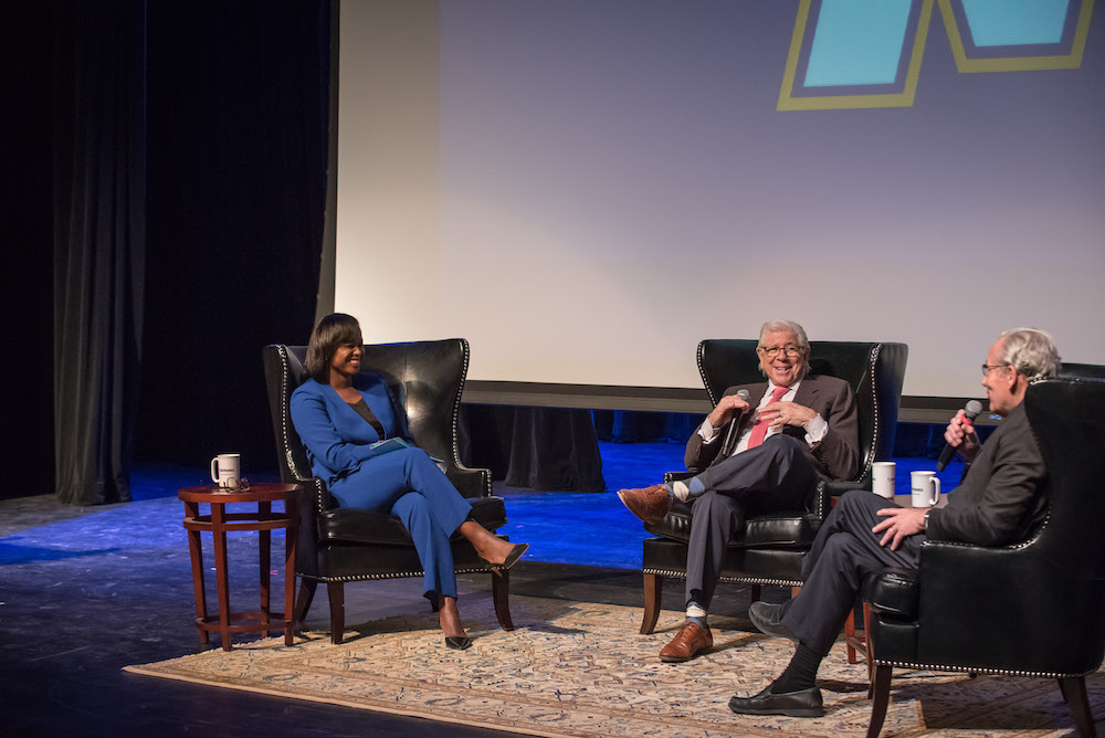 From left: Katrina Bell-Jordan, Carl Bernstein and Bob Woodward participate in the Daniel L. Goodwin Lecture Series event in the Auditorium.