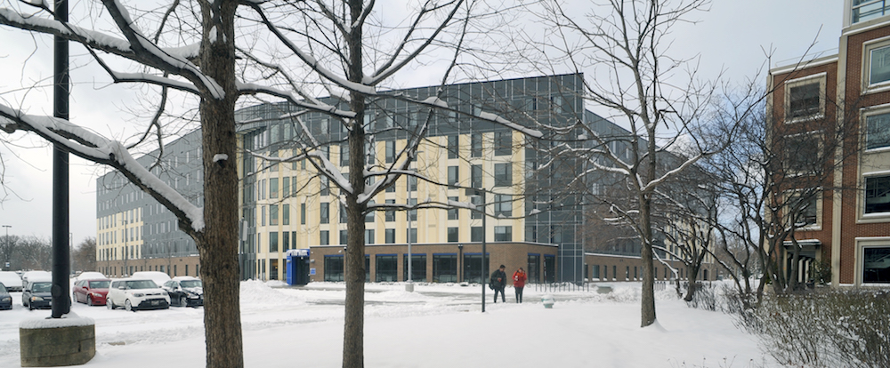 The eastern exterior of The Nest residence hall in winter