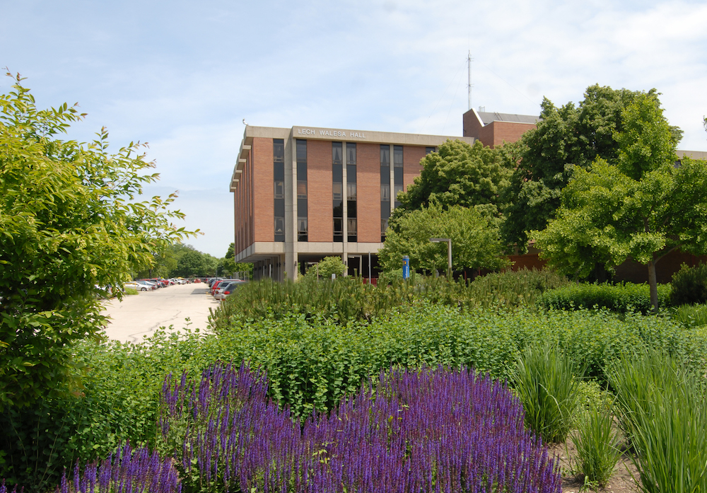 Exterior view of Lech Walesa Hall in summer