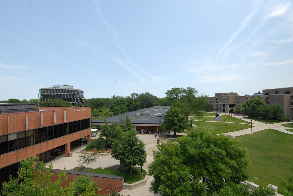 An elevated view of the University Commons, Student Union and B Buildings