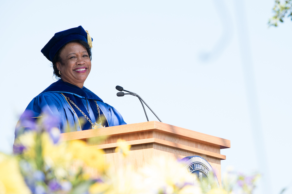 President Gloria J. Gibson smiles during her Inauguration Ceremony address.