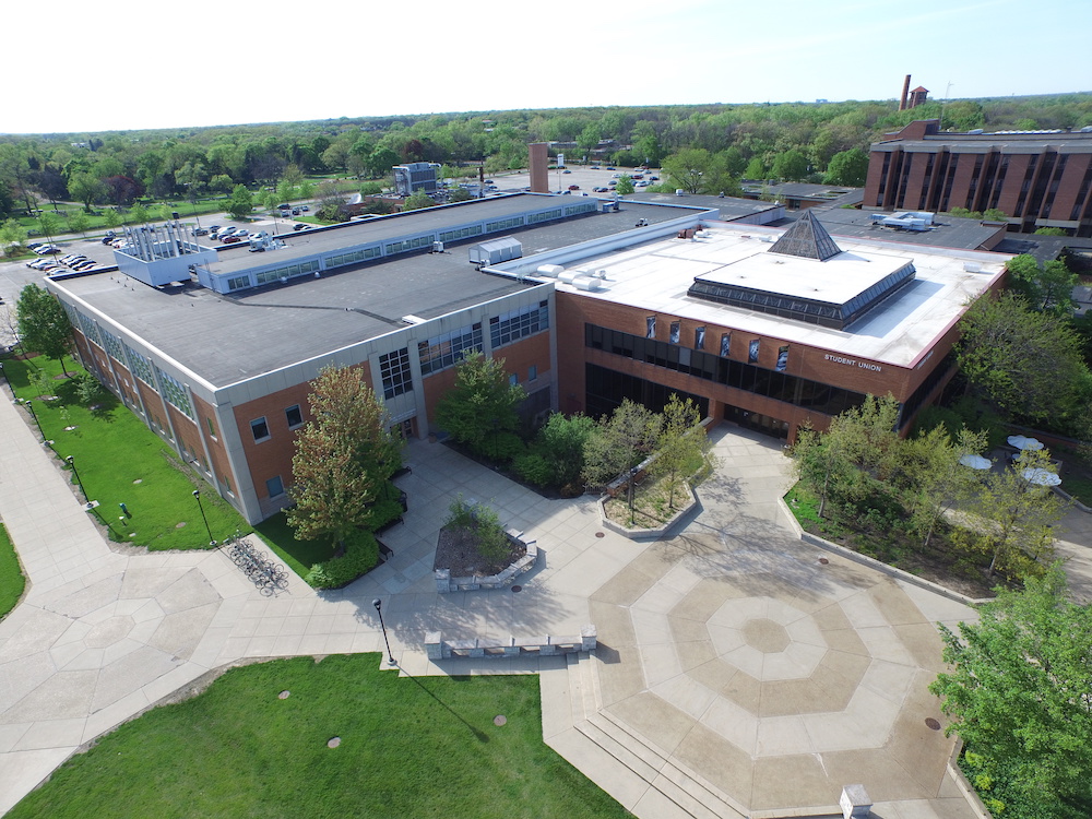An elevated view of the eastern exterior of the Student Union Building
