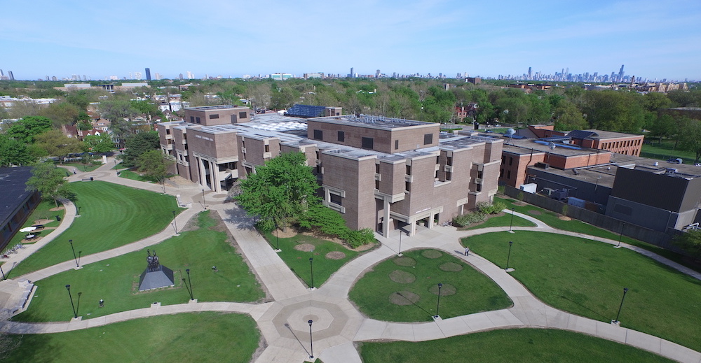 An elevated view of Bernard Brommel Hall and the University Commons