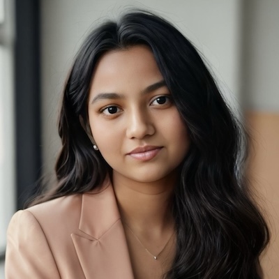 A headshot photo of Krishna Parikh wearing a peach-colored blazer, smiling.