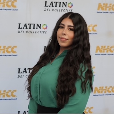 A headshot photo of Kimberlyt Dayana Arabu wearing a green blouse with Latino DEI Collective and National Hispanic Corporate Council logos in background.