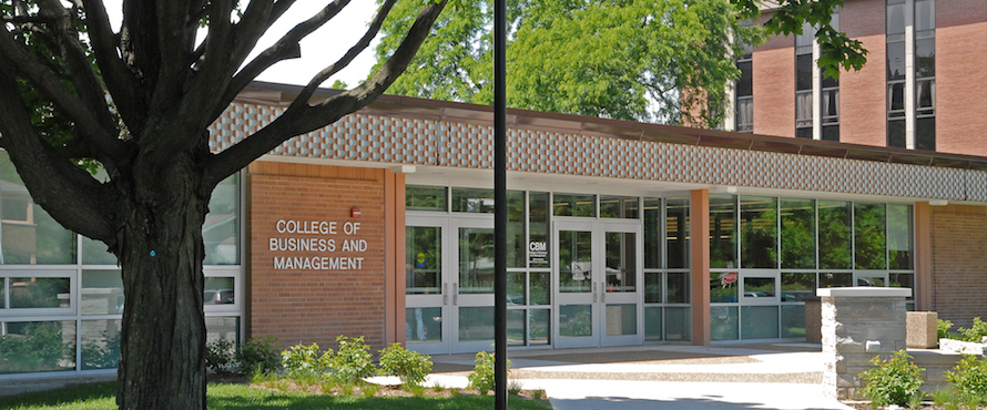 Exterior photo of Northeastern's College of Business and Management during the day