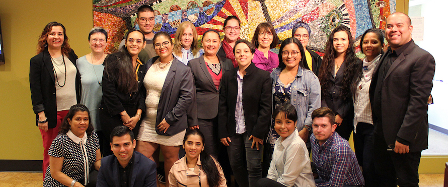 A photo of Peace Symposium attendees including students and faculty members from Northeastern, Universidad del Atlántico and Universidad Simón Bolivar in Colombia, at the Pedroso Center.