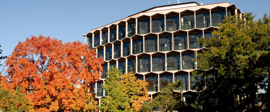 Trees in autumn color in the foreground partially obscure the Sachs Building in the background