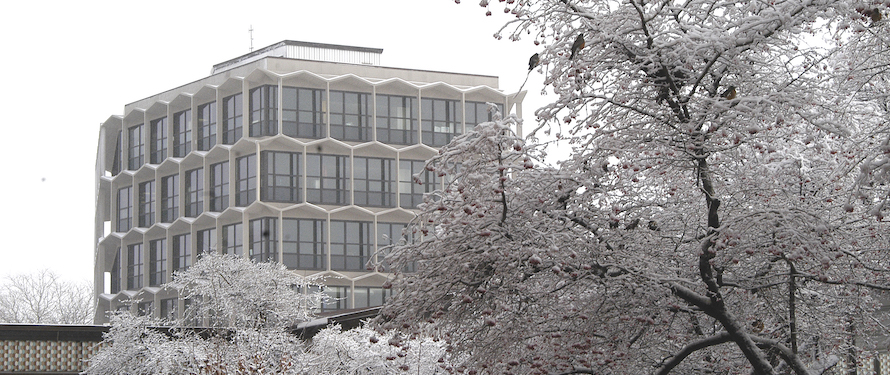 Snow covers the Sachs Administrative Building.