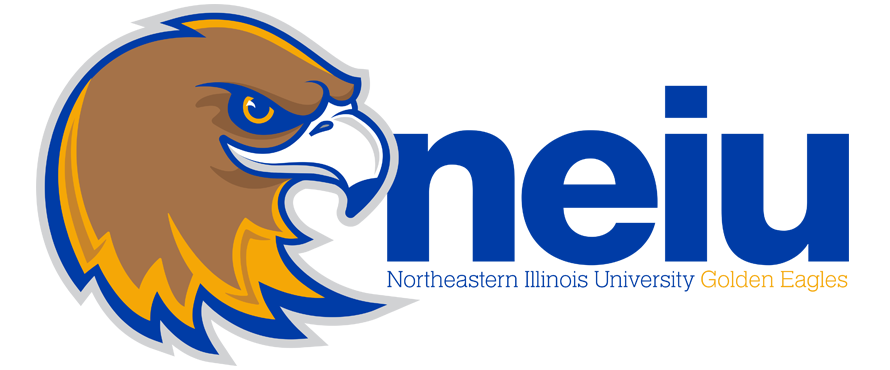 An illustrated golden eagle's head rendered in shaded of brown, gold and blue and the letters NEIU