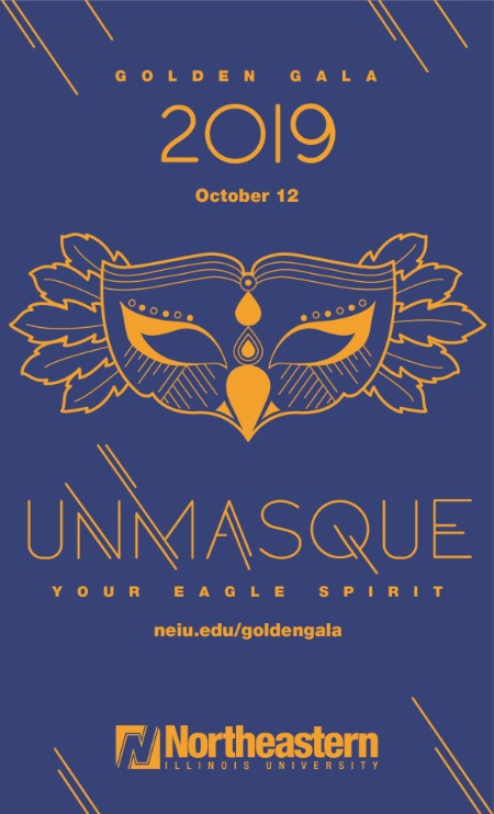 The Golden Gala invitation design featuring a drawing of a stylized eagle mask